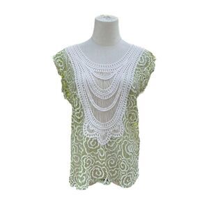 MYSTREE Mint Green Ivory Lace Crochet Cap Sleeve Top S/M